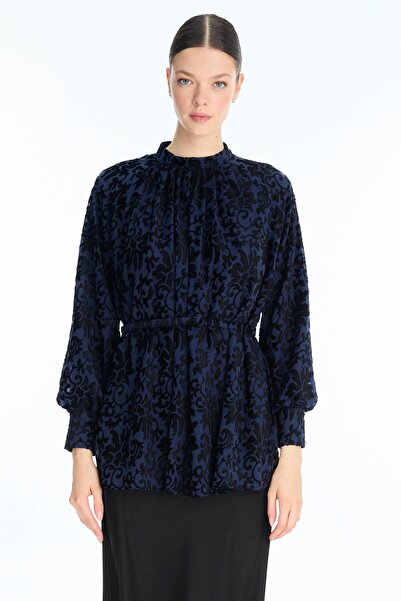 Zühre Patterned Balloon Sleeve Navy Blue Blouse B-0137