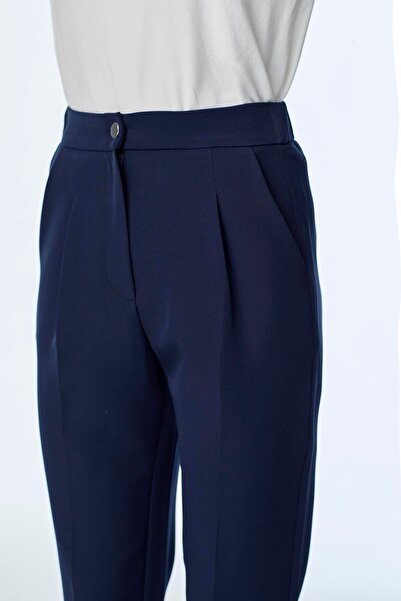 Zühre High Waist Navy Blue Fabric Trousers P-0200