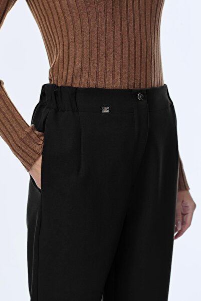 Zühre Black Cigarette Pants with Elastic Waistband and Button Detail P-0251
