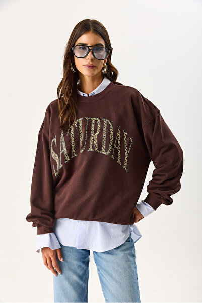 VENA Γυναικείο φούτερ Saturday με τύπωμα Effect 100% βαμβάκι - Bitter Brown