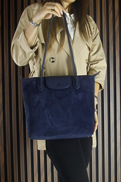 Erkan Saçmacı Navy Blue Genuine Cowhide Suede Zippered Magnetic Closure Large Size Daily Shoulder Bag