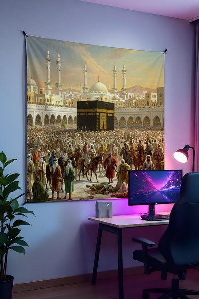 Halura Mecca Kaaba Wall Hanging - High Quality Fabric, Room Decor Tapestry Wall Carpet