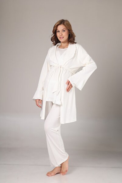 Pelin Women's Ecru Shawl Collar Adjustable Waist Maternity 3-Piece Pajama Set