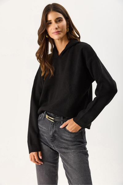 VENA Women's Angelica Hooded Regular Fit Knitwear Sweater - Black