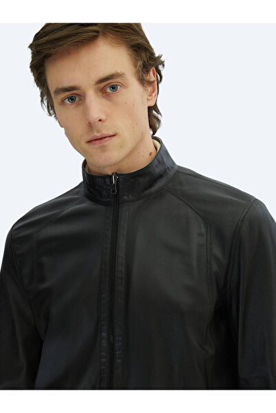 Kip Gray Regular Fit Mock Neck Smart Casual Double-Sided Leather Coat