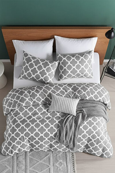 Perotti Honeycomb Gray Ranforce 100% Cotton Double Duvet Cover Set with Elastic Fitted Sheet
