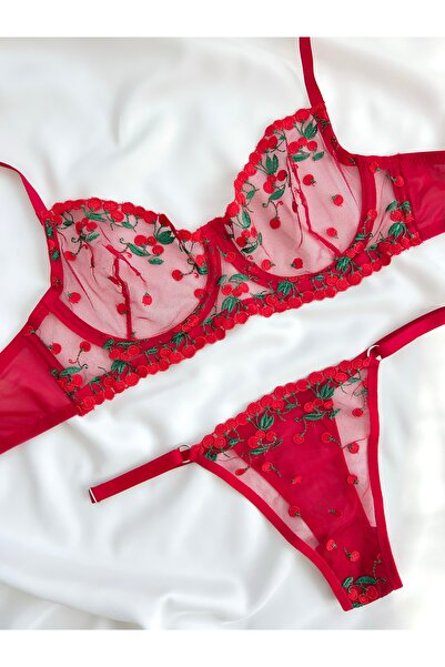 kiari Red Cherry Pattern Underwire Cupless Bra Thong Brode Lingerie Set