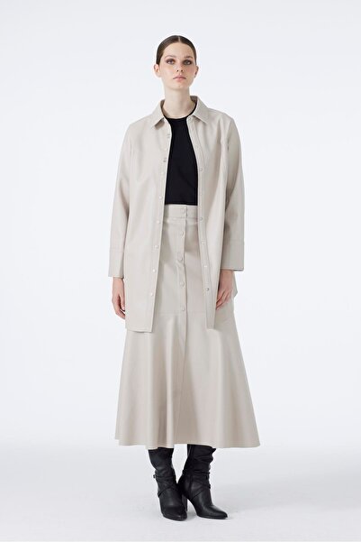 Zühre Stone Leather Tunic with Shirt Collar Accessory Detail T-1598