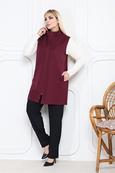 sinemisxxl سترة كبيرة الحجم مبطنة من قماش الجاكار باللون العنابي