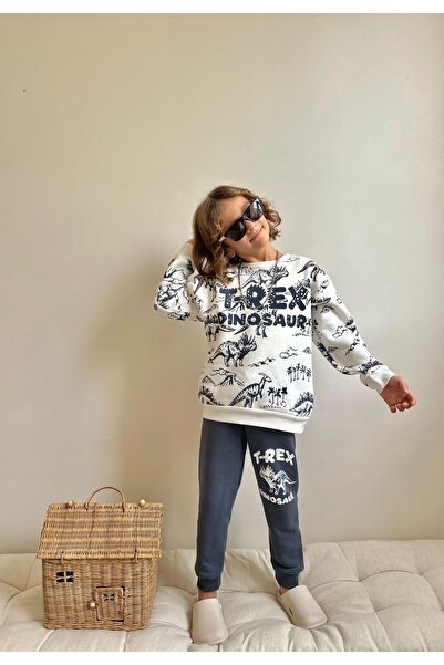 Patriko Boys' New Season Winter Fleece-Lined Dinosaur T-Rex Printed Bottom and Top Tracksuit Set