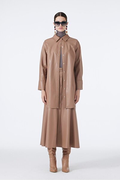 Zühre Camel Leather Tunic with Shirt Collar Accessory Detail T-1598