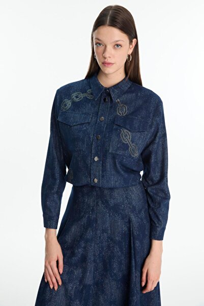 Zühre Patterned Pocket Detailed Navy Blue Shirt G-0117