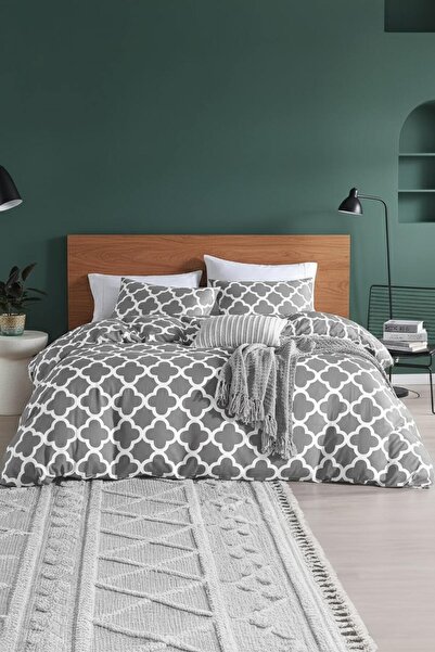 Perotti Honeycomb Gray Ranforce 100% Cotton Double Duvet Cover Set with Elastic Fitted Sheet