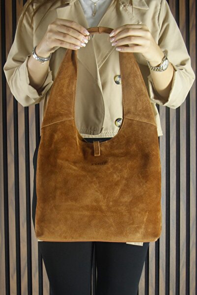 Erkan Saçmacı Tan Genuine Cowhide Suede Tasseled Magnetic Closure Medium Size Daily Shoulder Bag