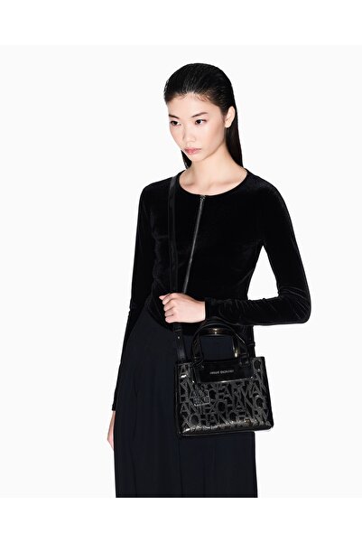 Armani Exchange Women's Magnetic Closure Zippered Compartment Logo Patterned Black Shoulder Bag Xw001576 Af17290-Uc001