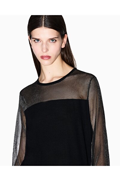Armani Exchange Women's Long Sleeve Top with Transparent Detail on the Sleeves and Collar Regular Fit Black Sweater Xw000842 Af13781-Mc1