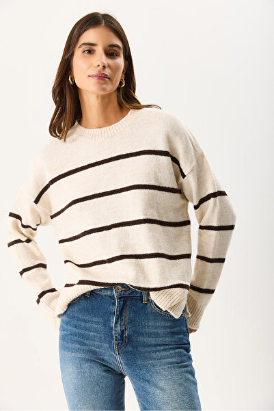 VENA Γυναικείο πλεκτό πουλόβερ Anita με λαιμόκοψη με ρίγες - ιβουάρ - καφέ ριγέ