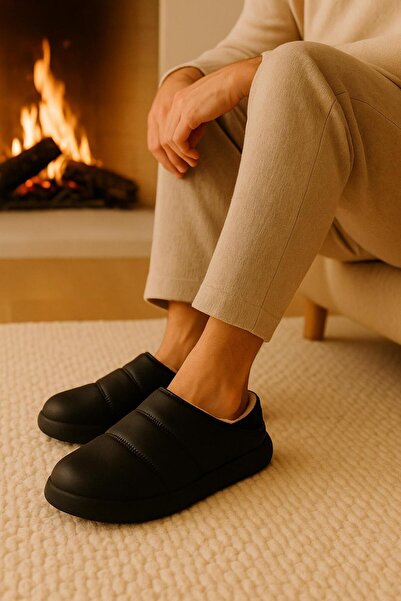 Arma House Peluş İçi Yünlü Kışlık Panduf Siyah Erkek Ev Terliği