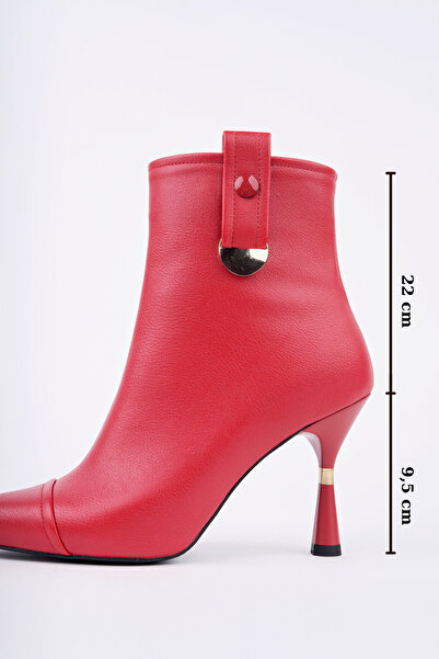 Women Lay-z Kadın Topuklu Bot Sivri Burun Kırmızı Deri Görünümlü Gold Detaylı 9.5 Cm İnce Topuk Şık Tasarım