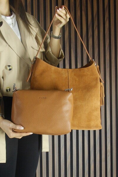 Erkan Saçmacı Tan Genuine Cowhide Suede Tasseled Magnetic Closure Large Size Daily Shoulder Bag and Handbag