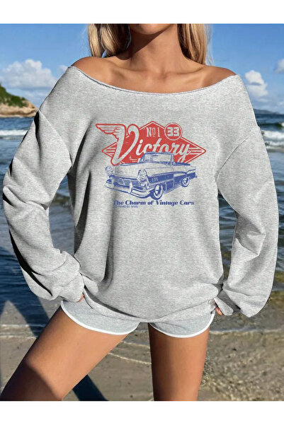 LOUİSA Women's Gray Boat Neck Victory Printed Sweatshirt
