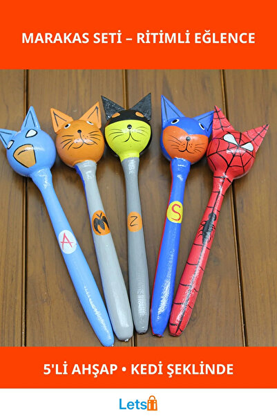 Letsii Renkli Ahşap Kedi Şeklinde 5'li Marakas Çocuklar İçin Müzik Aleti