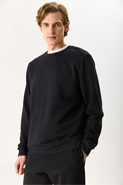 VENA Ανδρικό φούτερ Rich Crew Neck Regular Fit 3 Thread Basic 100% βαμβάκι - Μαύρο