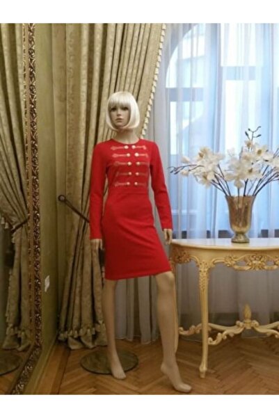 France Mode Rochie de ocazie rosie scurta mulata din crepe cu nasturi aurii