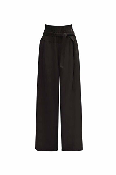 MISS DALIDA Beli Kuşaklı Bol Paça Keten Siyah Pantolon