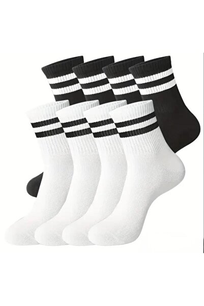 Vast Unisex Black and White Hoop Tennis College Cotton Socks 8-Pack (4 Pairs White, 4 Pairs Black)
