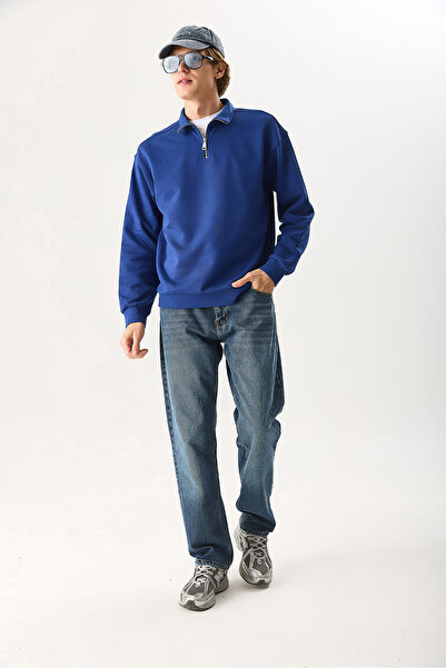 VENA Hanorac pentru bărbați Bruce guler ridicat cu jumătate de fermoar tricou bumbac 100% - bleumarin