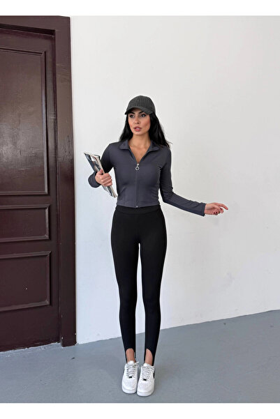 hazelin Women's Anthracite Diver Fabric Zipper Closure Finger Loop Sweatshirt Hzl25W-Fry123441