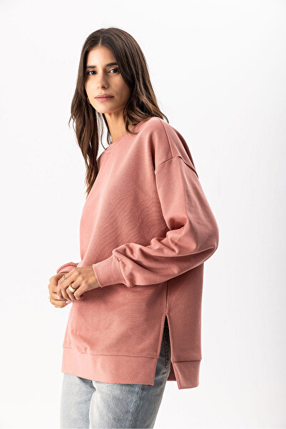 VENA Women's Crew Neck Side Slit Regular Fit 3 Thread Sweatshirt 100% Cotton - Dried Rose