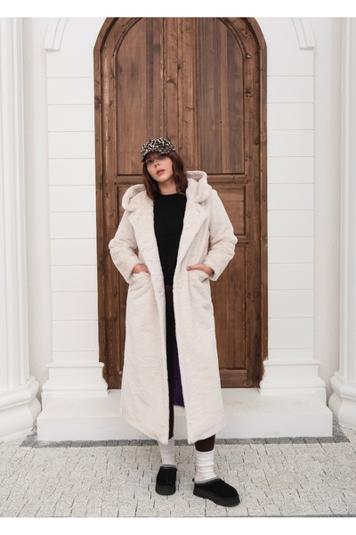 SEEMORE TEKSTİL Kapüşonlu Oversize Kürk Kaban - 36-46 Beden Uyumlu