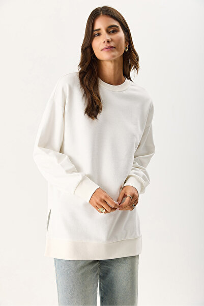 VENA Women's Crew Neck Side Slit Regular Fit 3 Thread Sweatshirt 100% Cotton - Ivory