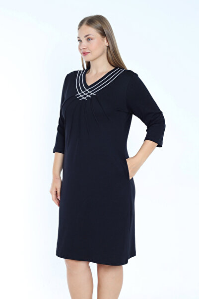 İntensive Siyah Şerit Detaylı Cepli Truvakar Kollu Pamuklu İnterlok V Yaka Kadın Büyük Beden Elbise