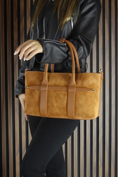Erkan Saçmacı Tan Genuine Cowhide Suede Zippered Three-Compartment Inner Pocket Medium Size Daily Shoulder Bag with Strap