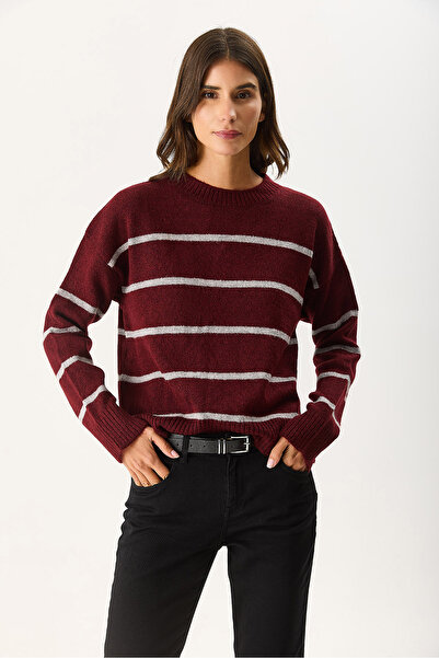 VENA Γυναικείο πλεκτό πουλόβερ Anita με λαιμόκοψη με ρίγες - Βουργουνδία - Γκρι ριγέ