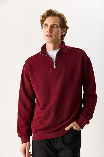 VENA Hanorac pentru bărbați Bruce guler ridicat cu jumătate de fermoar tricou bumbac 100% - Roșu Claret