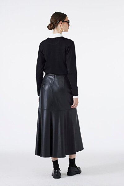 Zühre Button Look Black Leather Skirt Etk-0194