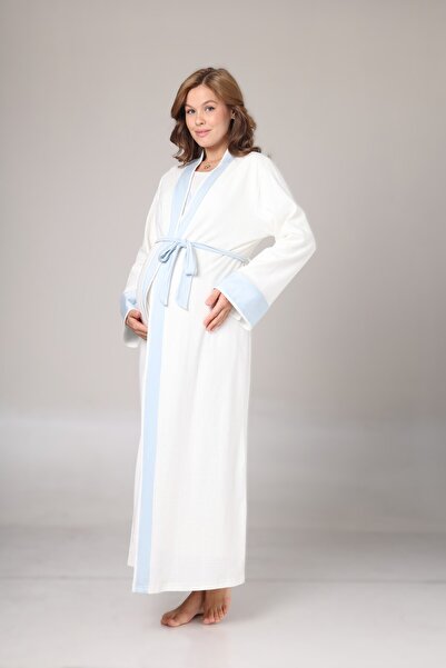Pelin Women's Ecru Double-Breasted Collar Maternity Nightgown Dressing Gown Set