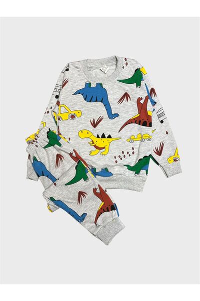 ALİŞ KİDS Boys' Cotton Fleece-Lined Gray Dinosaur Car Patterned Long Sleeve Winter Pajamas Set