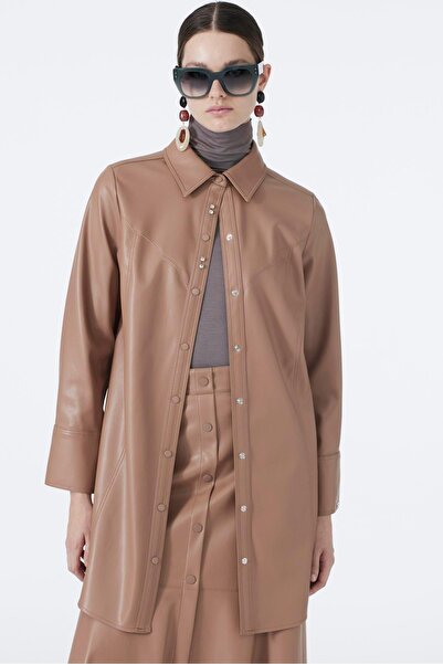 Zühre Camel Leather Tunic with Shirt Collar Accessory Detail T-1598