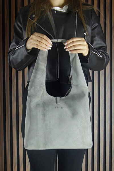 Erkan Saçmacı Gray Genuine Calf Suede Tasseled Magnetic Closure Medium Size Daily Shoulder Bag