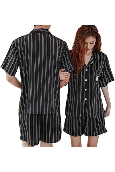 Margoun Couples Matching Pajamas Stripe Silk Short Sleeve Sleepwear Satin Soft Embroidery Cartoon Pa