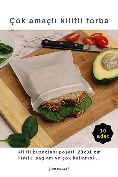COLORPAK Çok Amaçlı Kilitli Torba (10 Adet) 23x31 cm kilitli kalın buzdolabı poşeti sandviç beslenme torbası