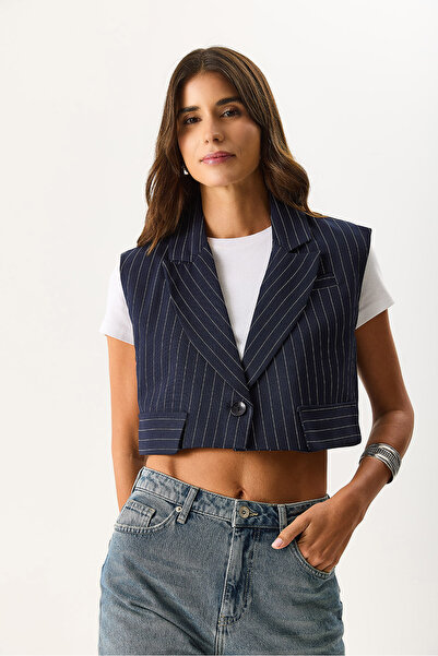 VENA Women's Oversized Striped Vest - Dark Blue-White