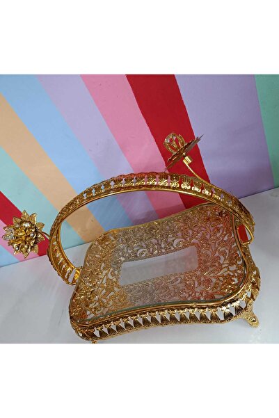 DEKOR ZÜCCACİYE HOME Gold Metal Top with Glass Handle Rectangular Candy Dish Presentation Plate