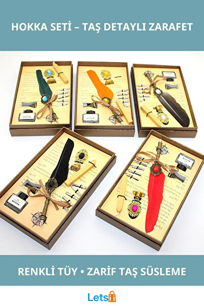 Letsii مجموعة هوكا مزينة بالريش الملون والأحجار الأنيقة