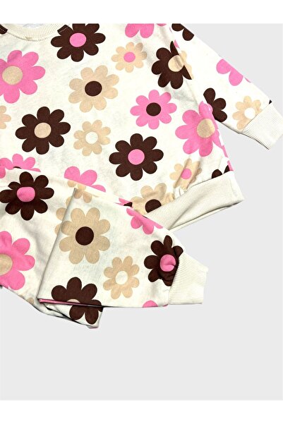 ALİŞ KİDS Girl's Cotton Fleece-Lined Cream Color Daisy Patterned Long Sleeve Winter Pajamas Set